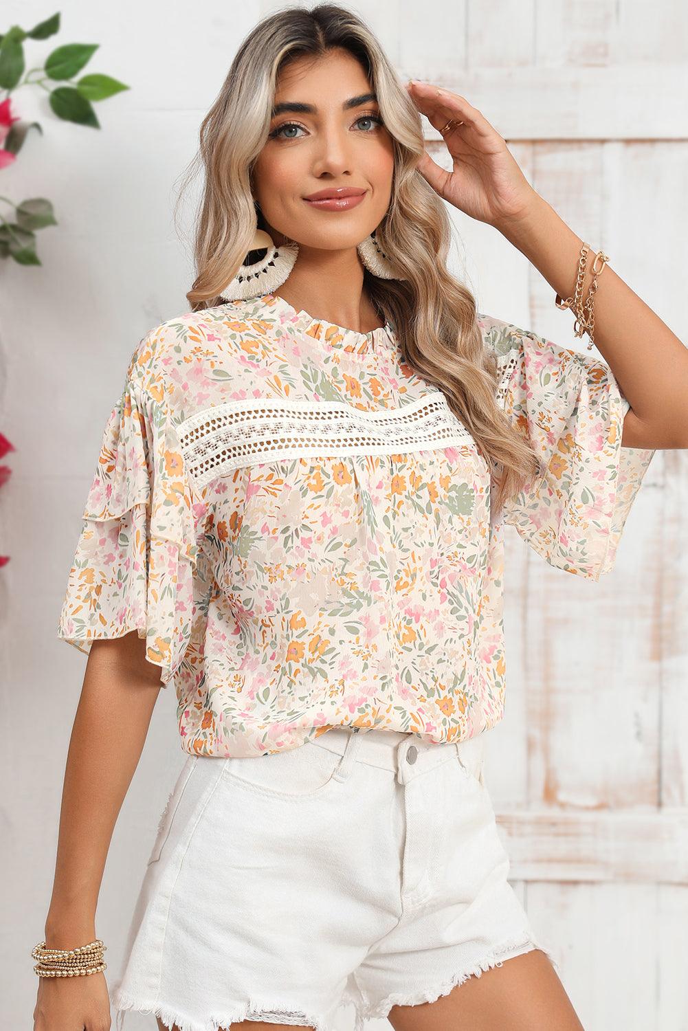 Multicolor Floral Print Wide Batwing Sleeves Blouse - The Fair Lady Shop