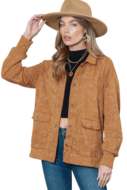 Khaki Snap Button Casual Jacket with Flap Pockets - The Fair Lady Shop