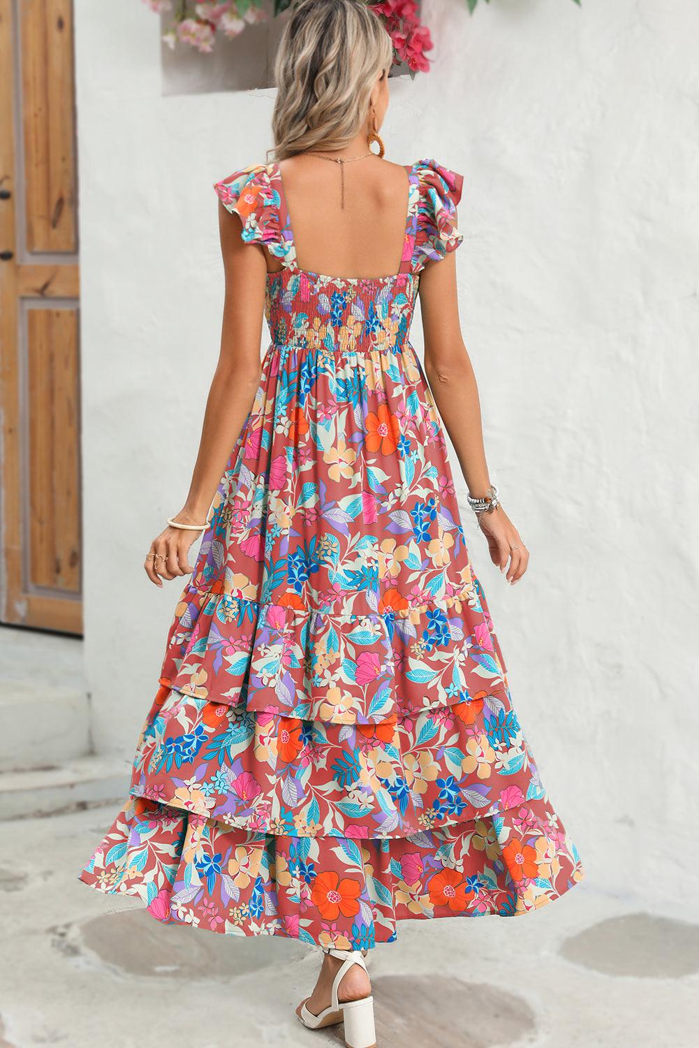 Pink Floral Print Sleeveless Ruffle Tiered Maxi Dress - The Fair Lady Shop