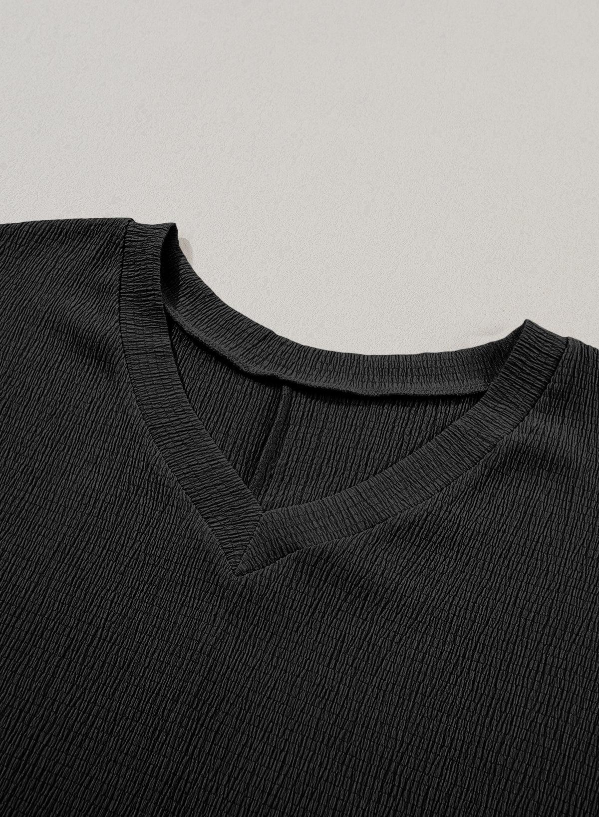 Blue Plain Crinkled V Neck Flounce Sleeve T Shirt - The Fair Lady Shop