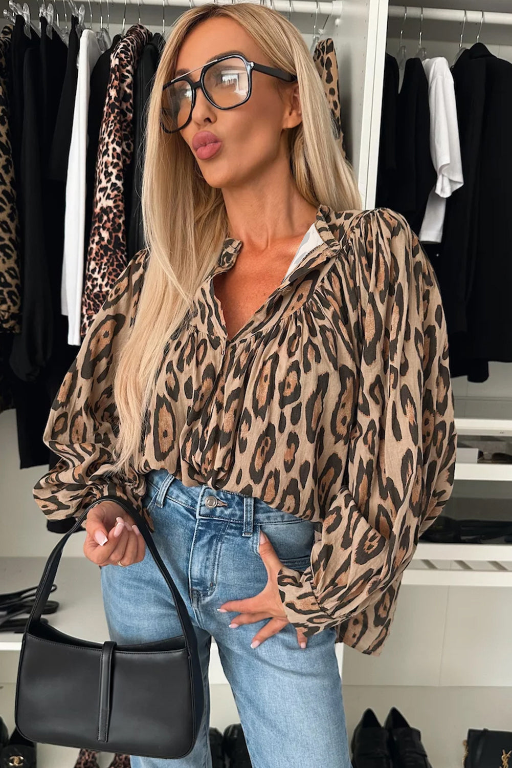 Light French Beige Leopard Print Balloon Sleeve Loose Blouse - The Fair Lady Shop