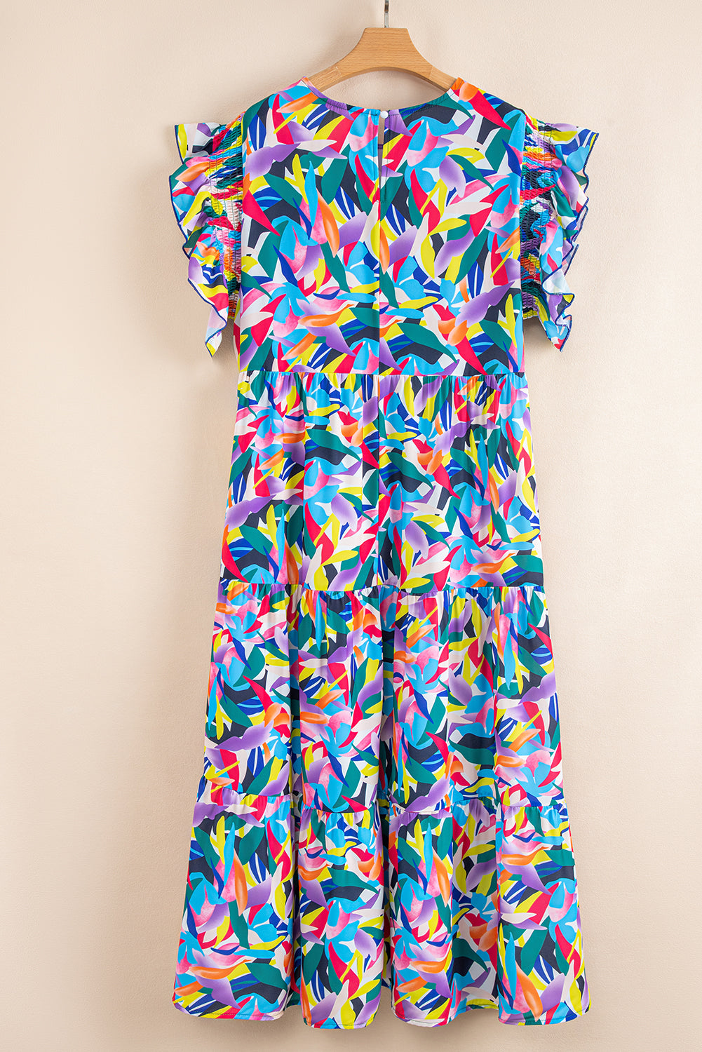 Blue Abstract Print Ruffle Sleeve Plus Size Tiered Maxi Dress - The Fair Lady Shop