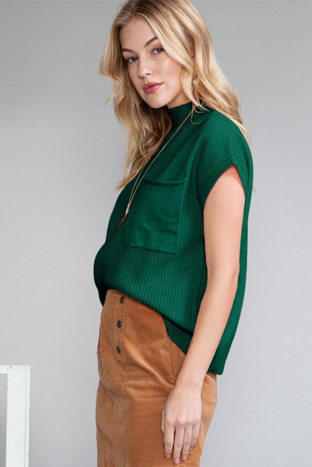 Green Patch Pocket Ribbed Knit Short Sleeve Sweater - The Fair Lady Shop