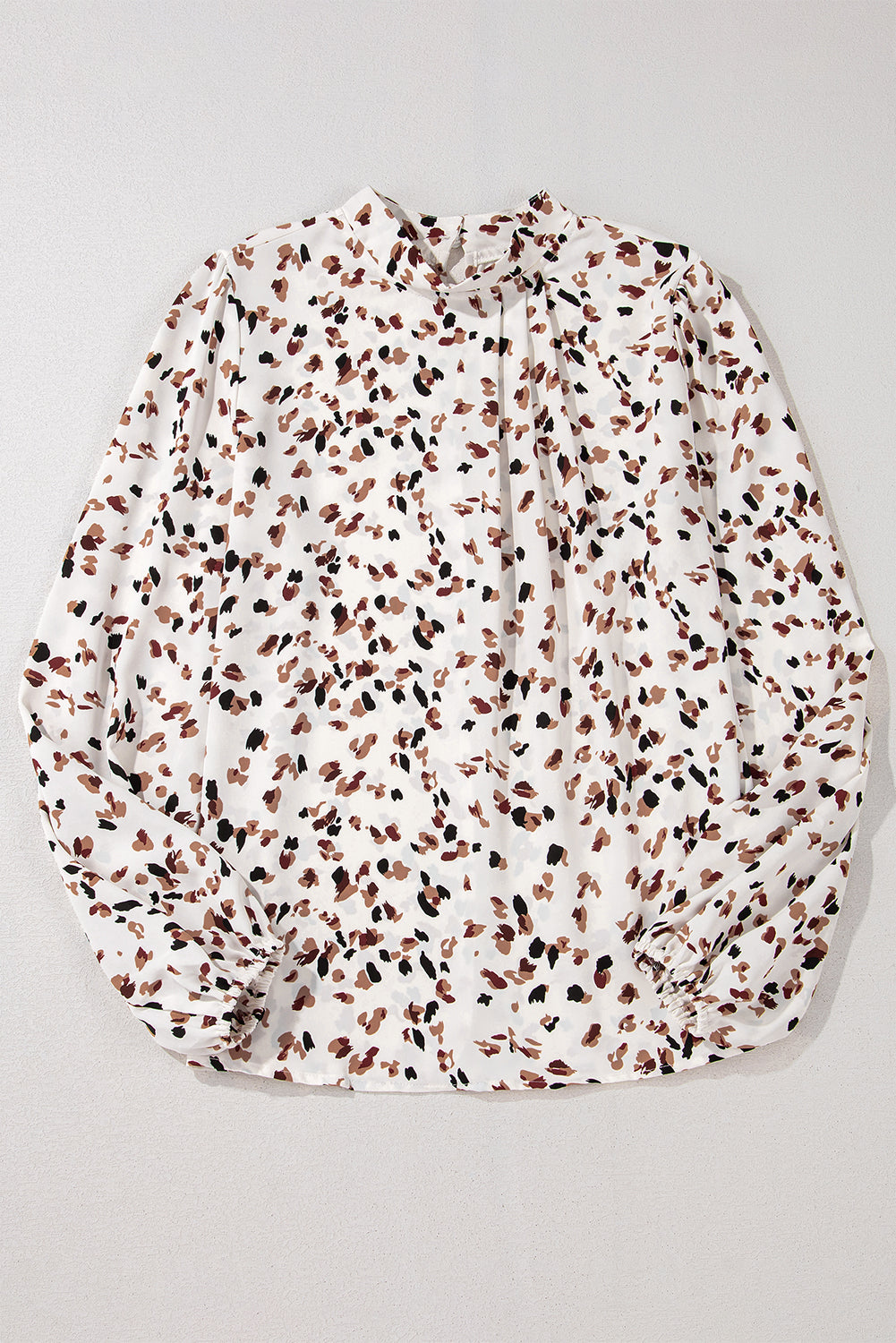 White Leopard Print Puff Sleeve Mock Neck Pleated Blouse - The Fair Lady Shop