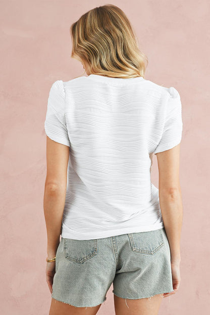 White Textured V-Neck Short Tulip Sleeve T Shirt - The Fair Lady Shop