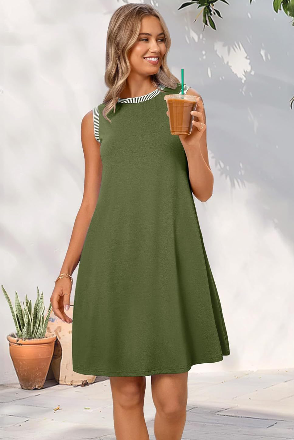 Vineyard Green Contrast Trim Casual Sleeveless Mini Dress - The Fair Lady Shop