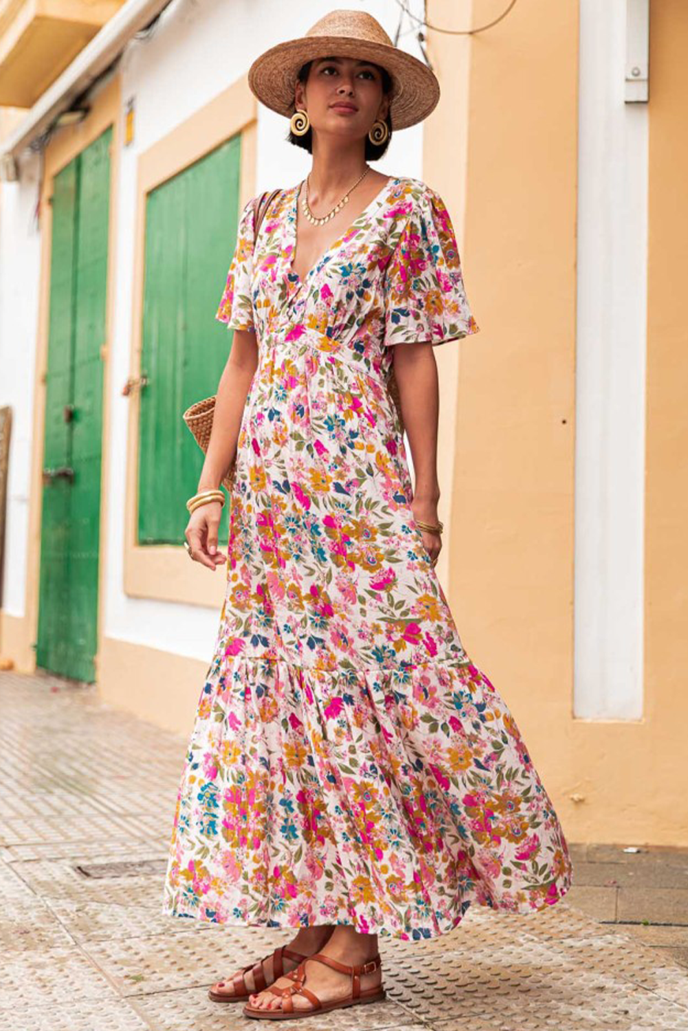 Red Floral Short Sleeve V Neck High Waist Maxi Dress - The Fair Lady Shop
