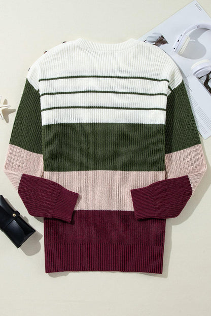 Green Color Block Striped Buttoned Shoulder Split Sweater - The Fair Lady Shop