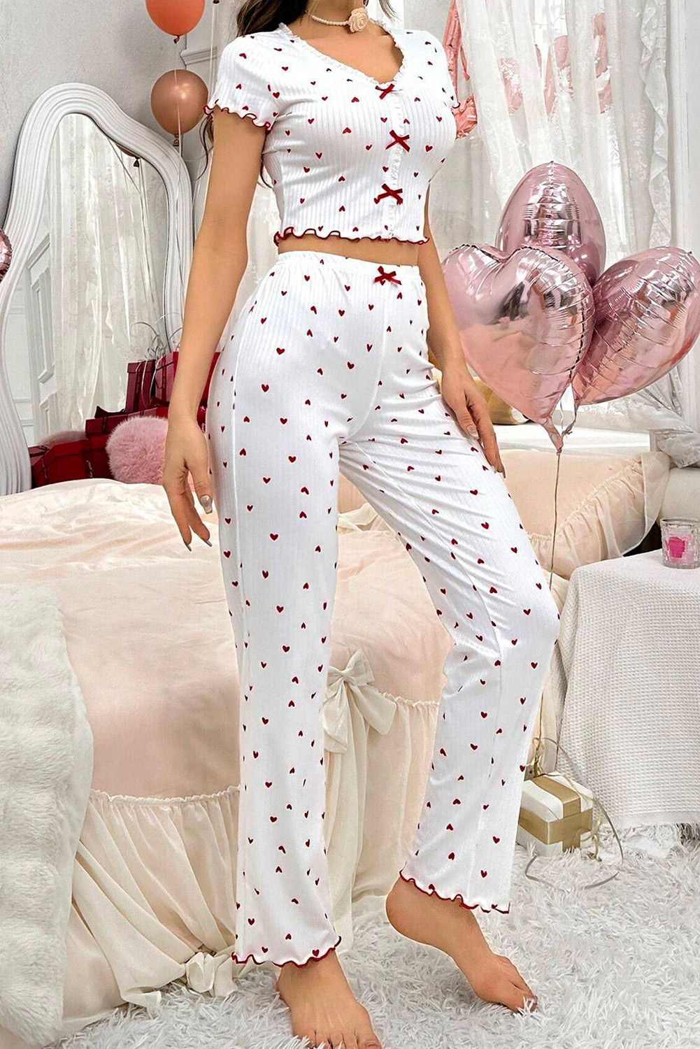 White Valentines Heart Pattern Tee and Pants Pajama Set - The Fair Lady Shop