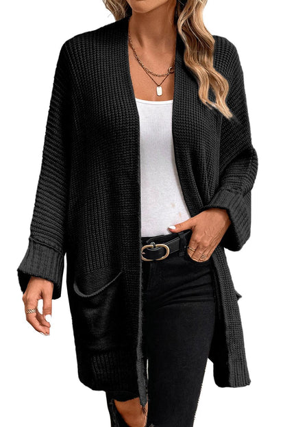 Black Batwing Sleeve Pocket Oversized Cable Knit Cardigan - The Fair Lady Shop