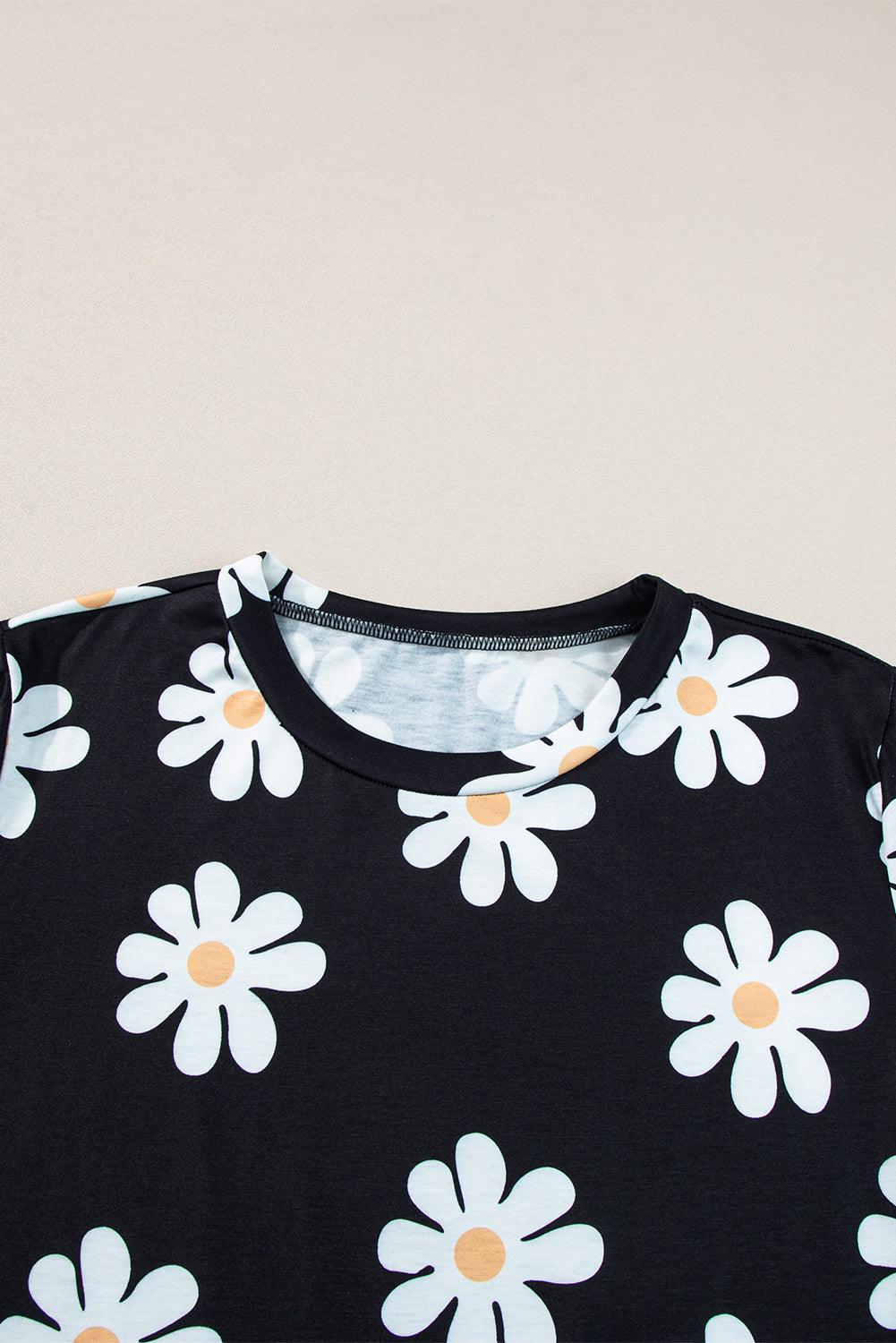 Sky Blue Daisy Print Crewneck T Shirt - The Fair Lady Shop