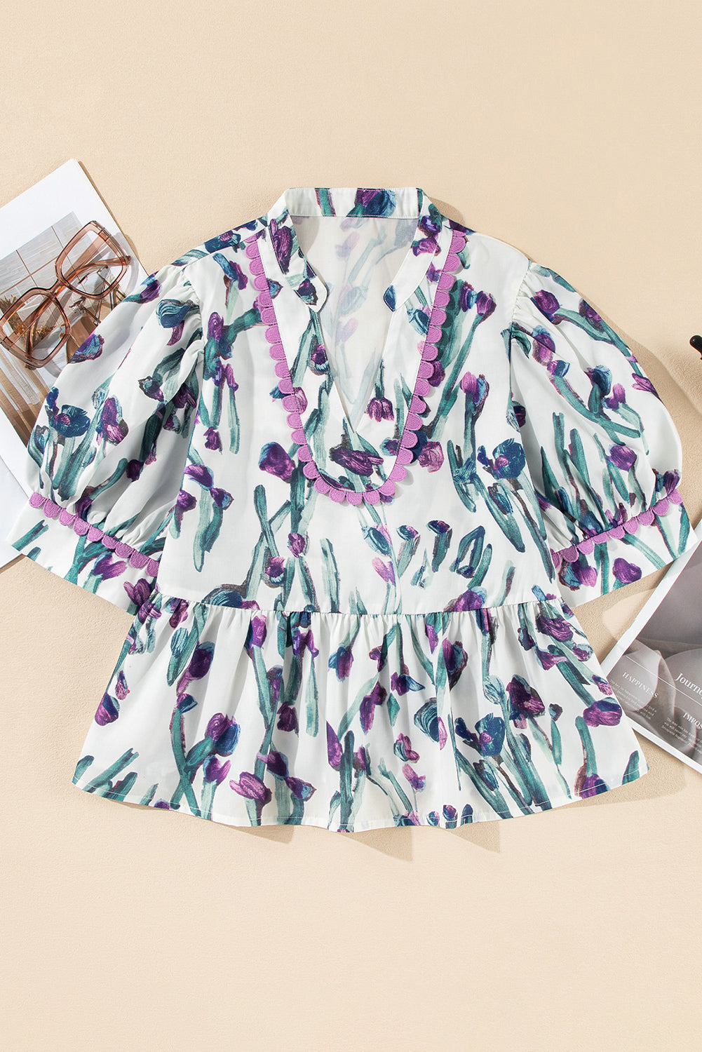 Purple Floral Ricrac Trim Puff Sleeve Peplum Blouse - The Fair Lady Shop