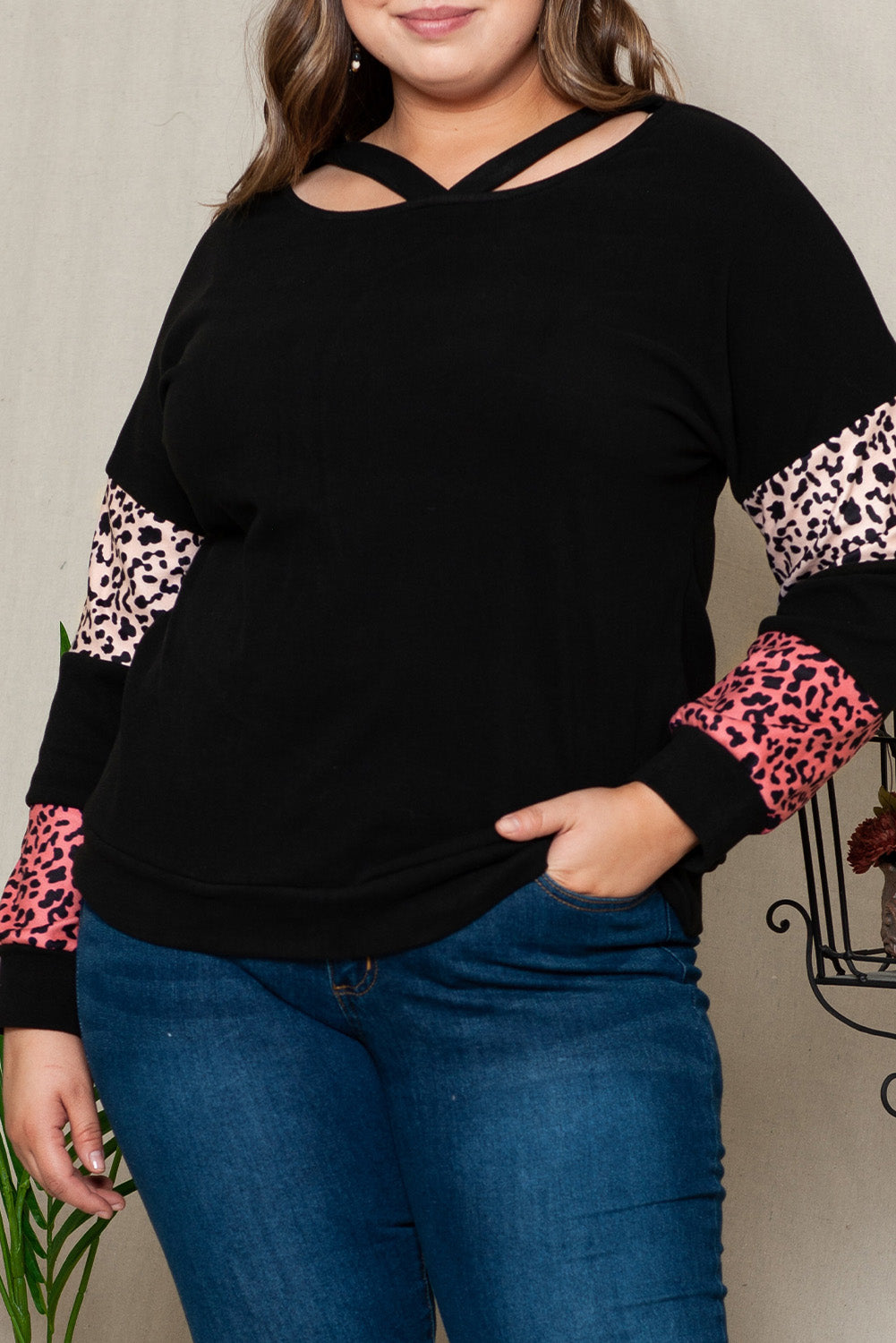 Black Plus Size Leopard Patchwork Strappy Neck Top - The Fair Lady Shop