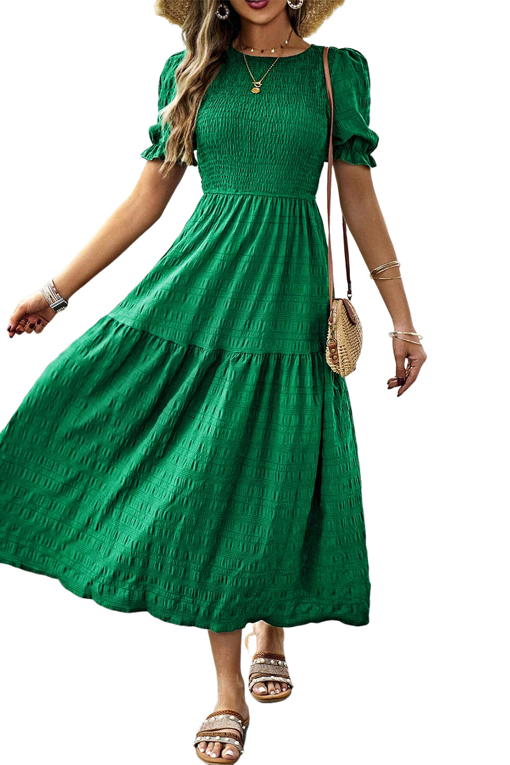Dark Green Solid Textured Shirred High Waist Midi Dress - The Fair Lady Shop