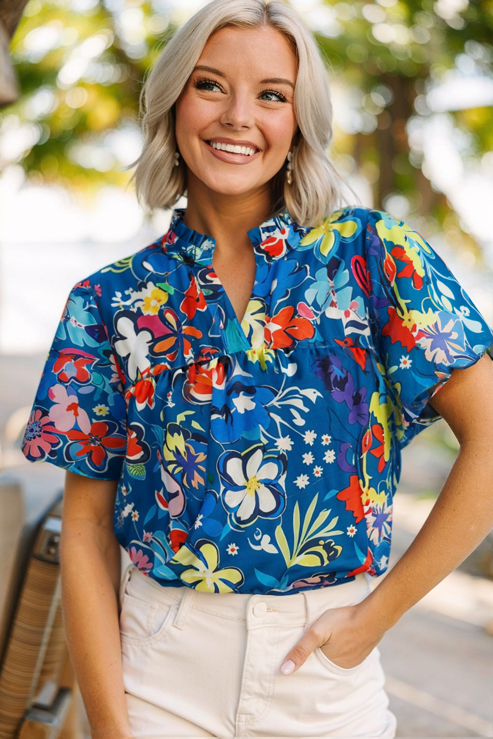 Blue Flower Print Notch V Neck Puff Sleeve Babydoll Blouse - The Fair Lady Shop
