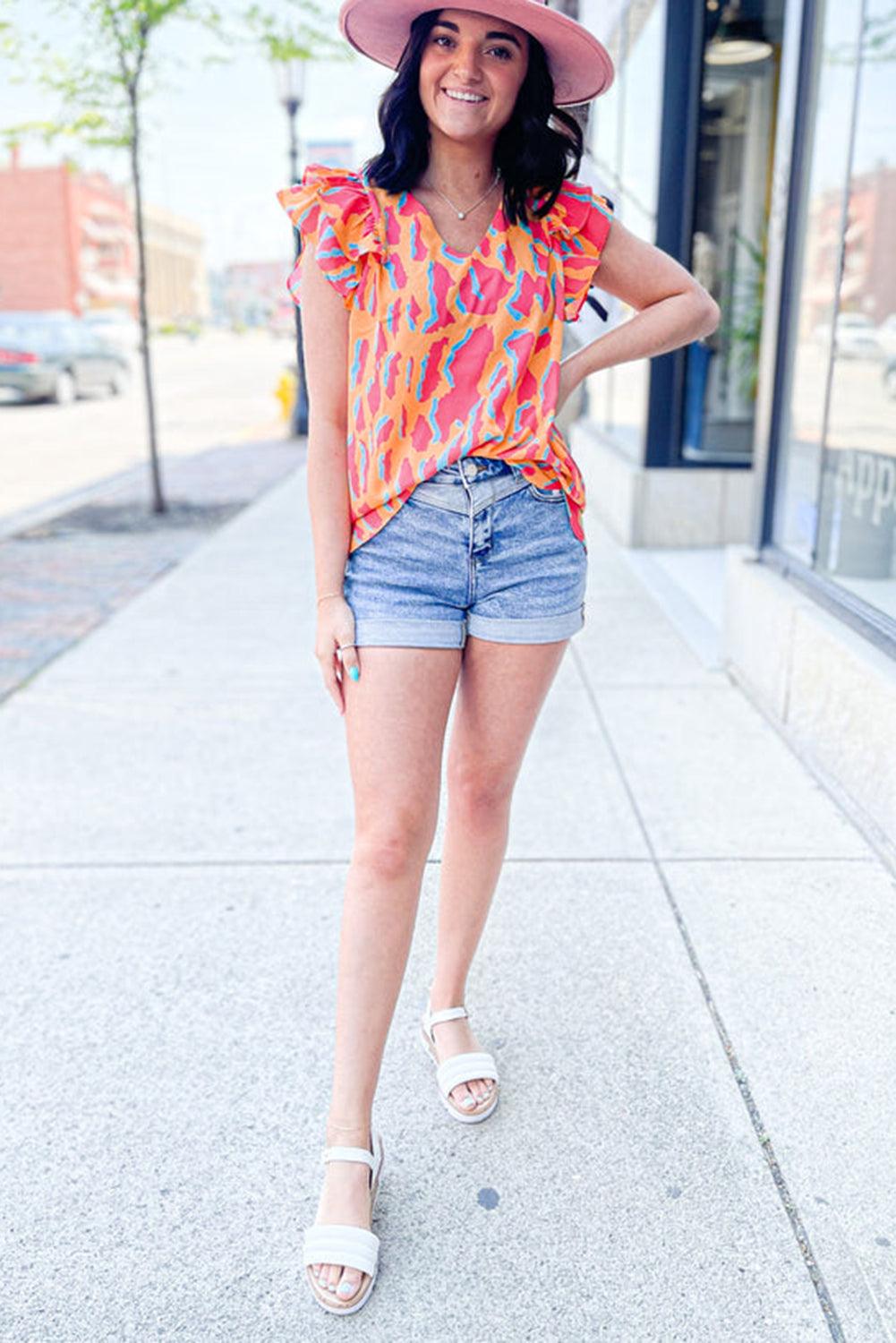 Orange Abstract Print V Neck Ruffled Sleeve Blouse - The Fair Lady Shop