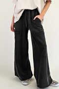 Black Mineral Wash Exposed Seam Wide Leg Cargo Pants - The Fair Lady Shop
