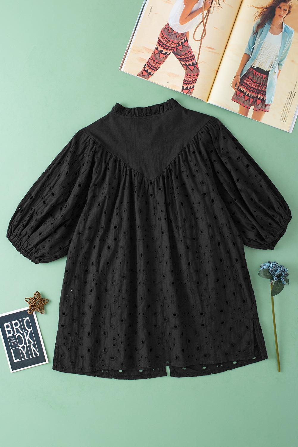 Bonbon Hollow-out Flower Embroidered Short Puff Sleeve Blouse - The Fair Lady Shop