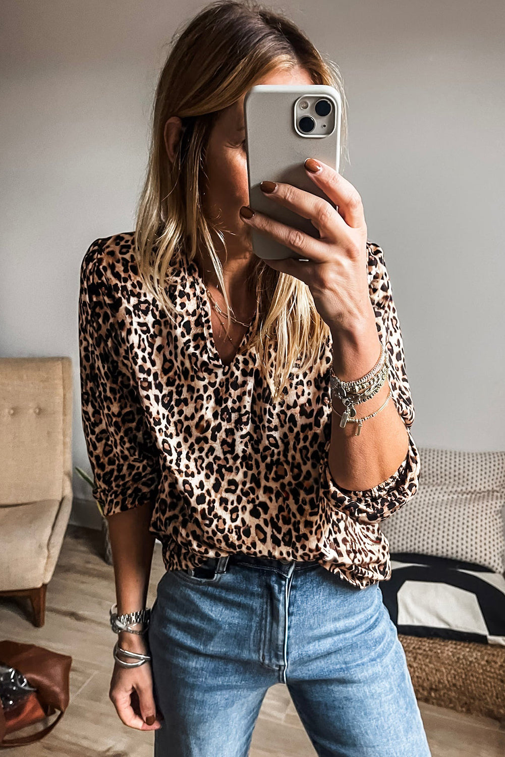 Apricot Leopard V Neck Half Sleeve Blouse - The Fair Lady Shop