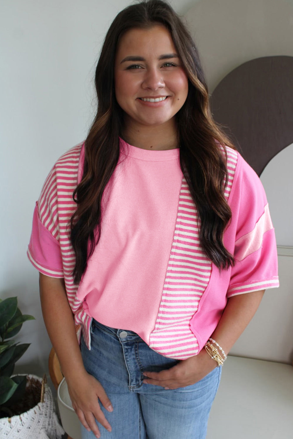 Pink Stripe Waffle Patchwork Plus Size T-Shirt - The Fair Lady Shop