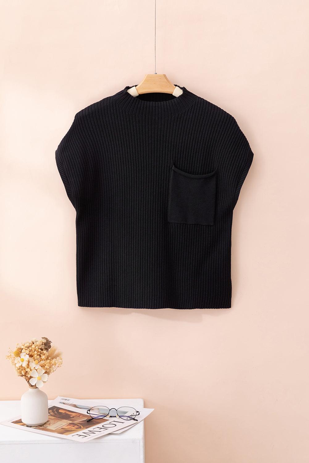 Green Patch Pocket Ribbed Knit Short Sleeve Sweater - The Fair Lady Shop