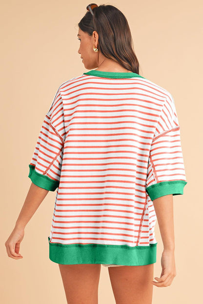 Pink Stripe Colorblock Drop Sleeve Oversized T Shirt - The Fair Lady Shop