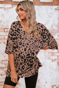 Brown Leopard Print V Neck Half Sleeve Oversized Tee - The Fair Lady Shop