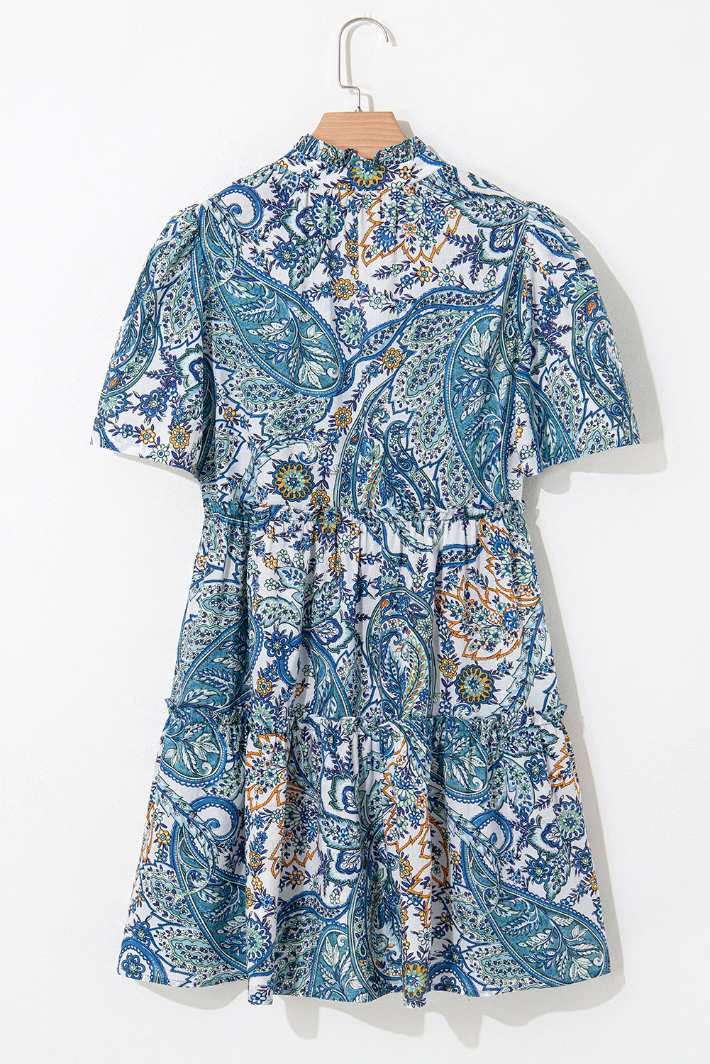Blue Bohemian Paisley Floral V Neck Puff Sleeve Mini Dress - The Fair Lady Shop