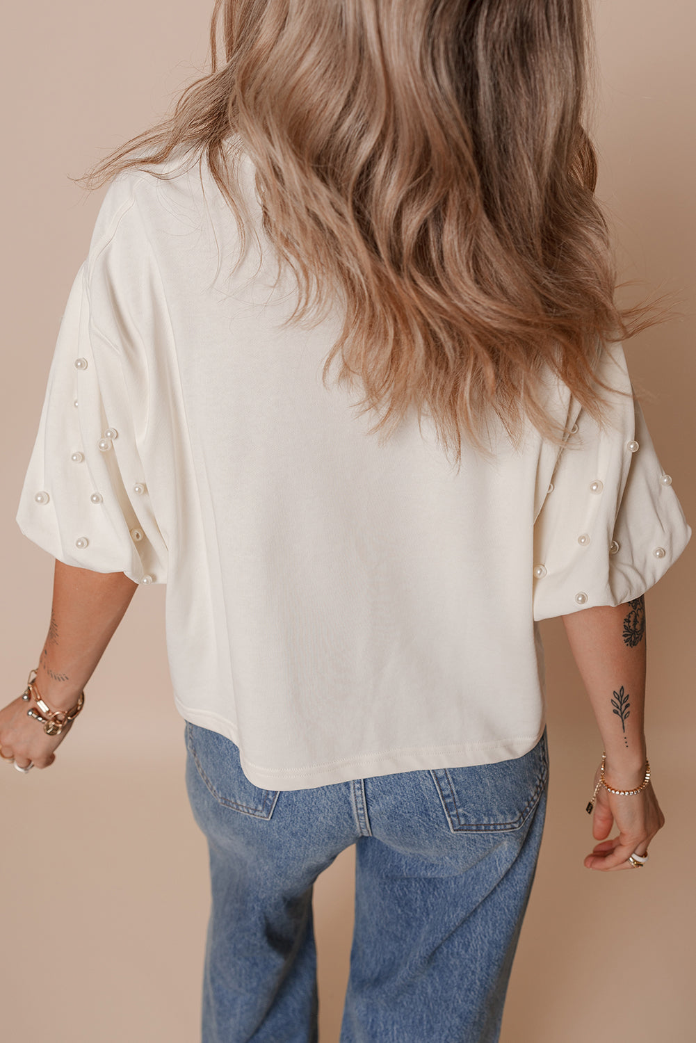 White Pearled Puff Sleeve Round Neck Loose Top - The Fair Lady Shop