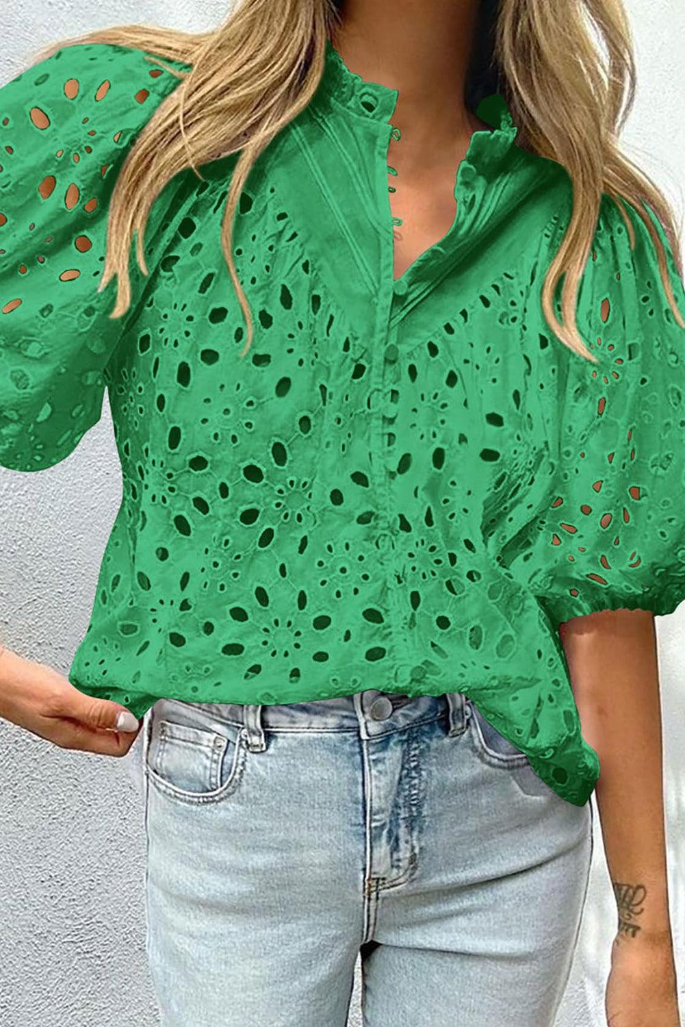 Bonbon Hollow-out Flower Embroidered Short Puff Sleeve Blouse - The Fair Lady Shop