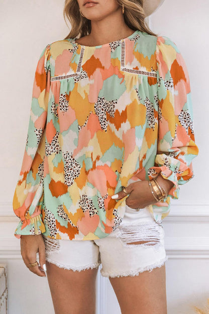 Multicolor Abstract Print Boho Ruffle Puff Sleeve Blouse - The Fair Lady Shop