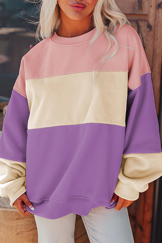 Meadow Mauve Colorblock Patchwork Drop Shoulder Sweatshirt - The Fair Lady Shop