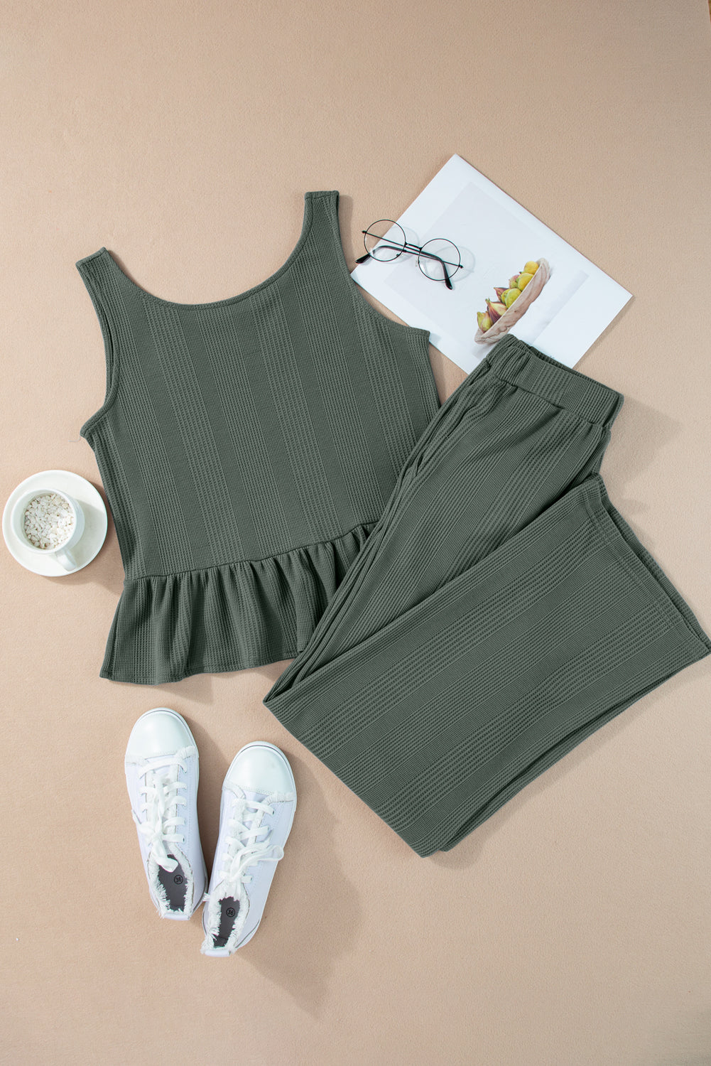 Duffel Green Solid Color Ribbed Ruffle Tank Top and Pants Set - The Fair Lady Shop