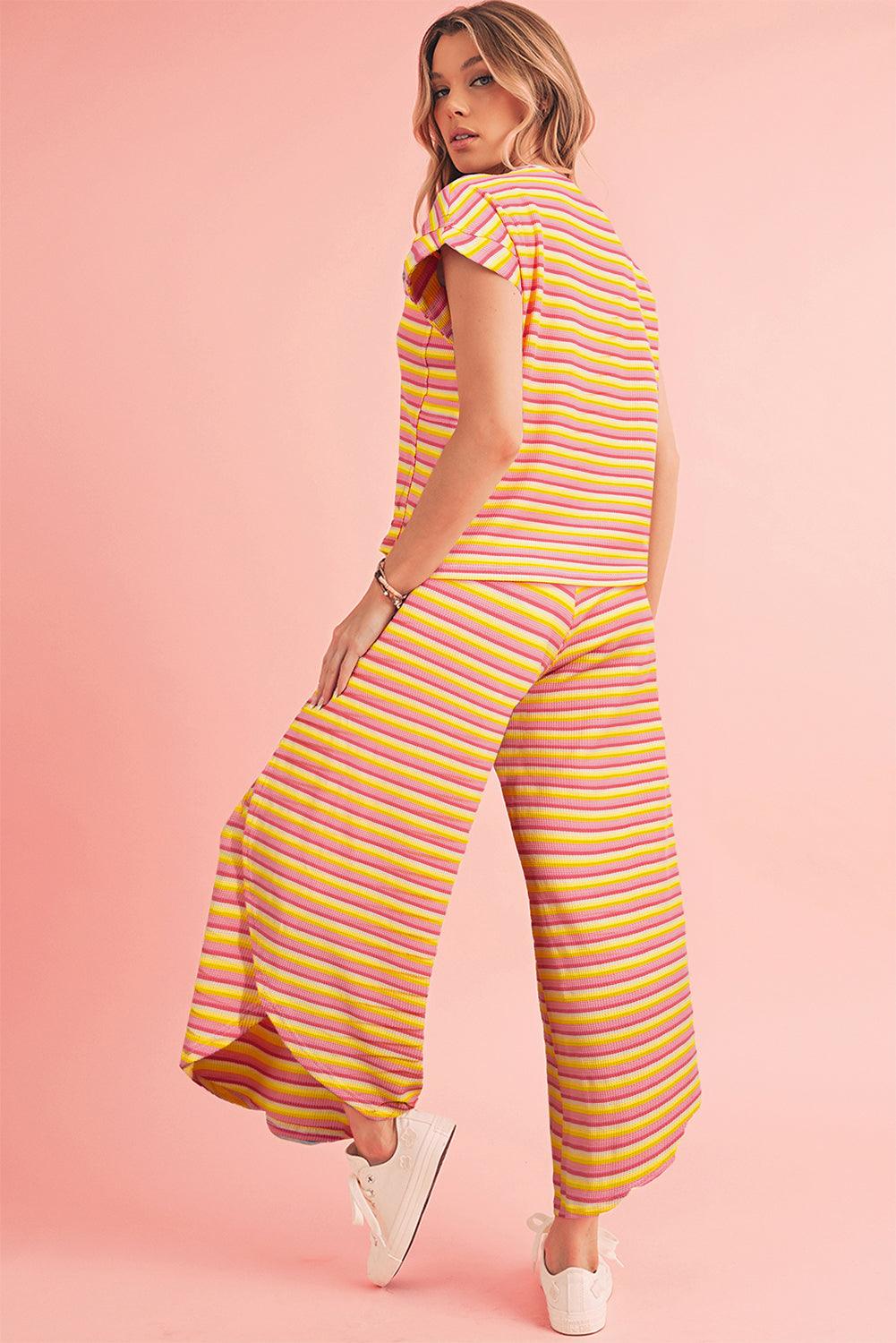 Yellow Stripe Rainbow Tee and Tassel Drawstring Wide Leg Pants Set - The Fair Lady Shop