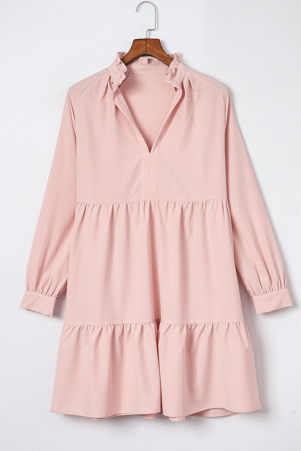 Pink Casual Stand V Neck Short Frill Dress - The Fair Lady Shop
