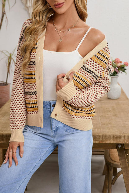 Khaki Geometric Pattern Button Front V Neck Cropped Cardigan - The Fair Lady Shop