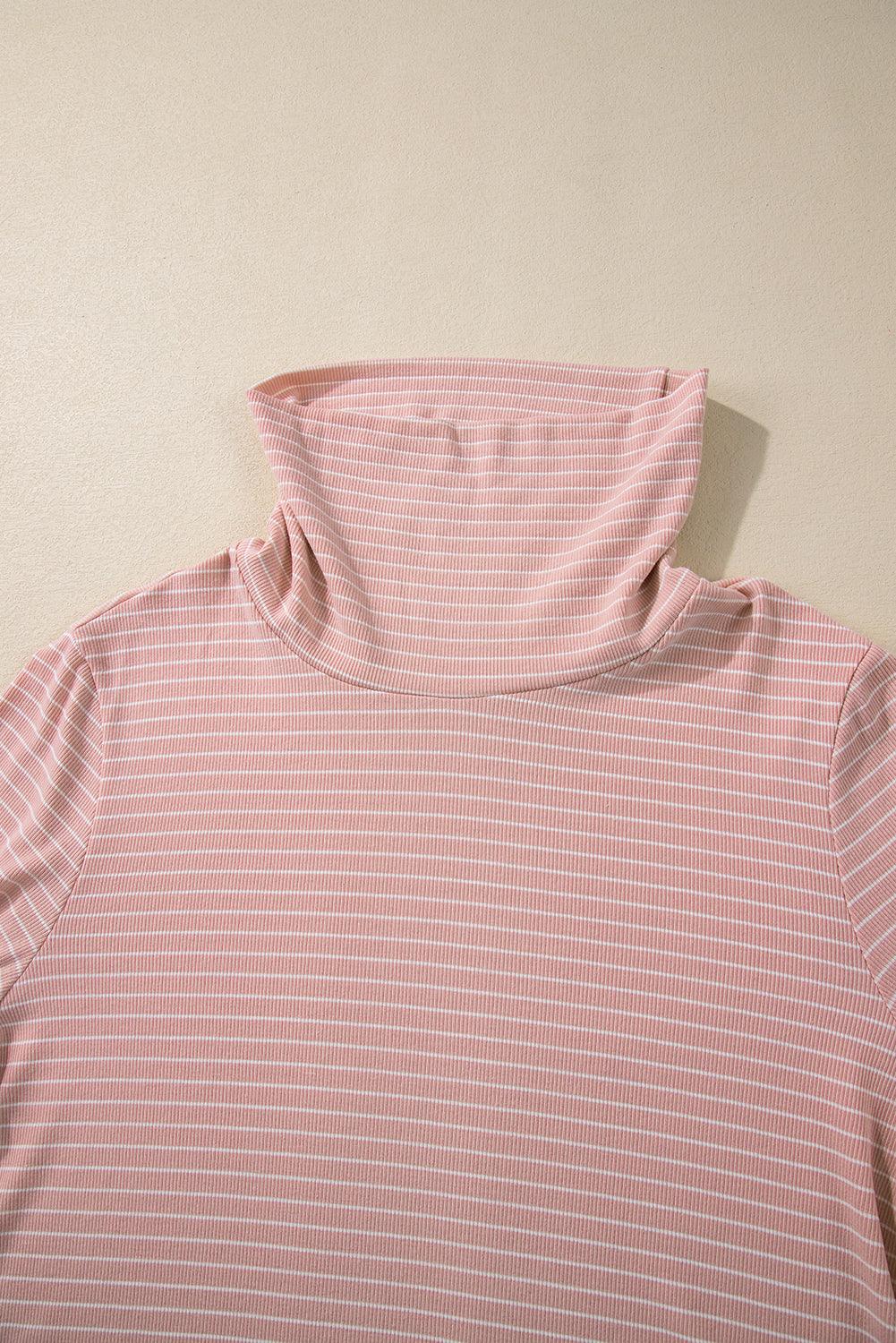 Pink Stripe Cowl Neck Side Slits Loose Fit Long Sleeve Top - The Fair Lady Shop