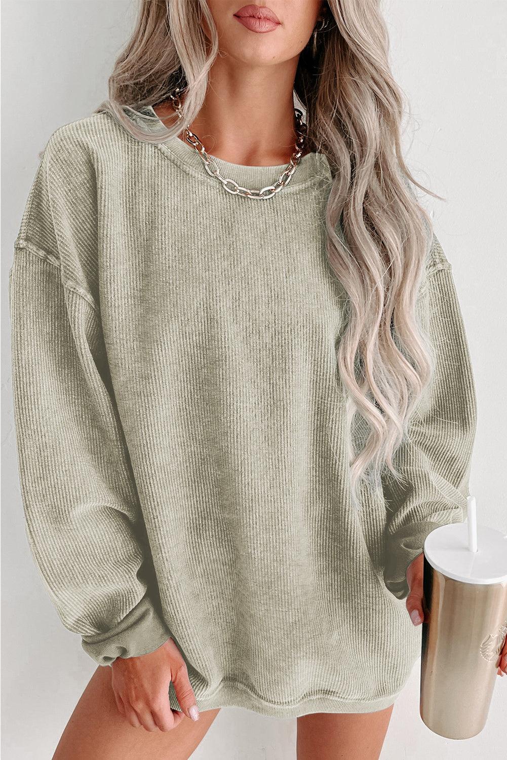 Khaki Solid Ribbed Round Neck Pullover Sweatshirt - The Fair Lady Shop