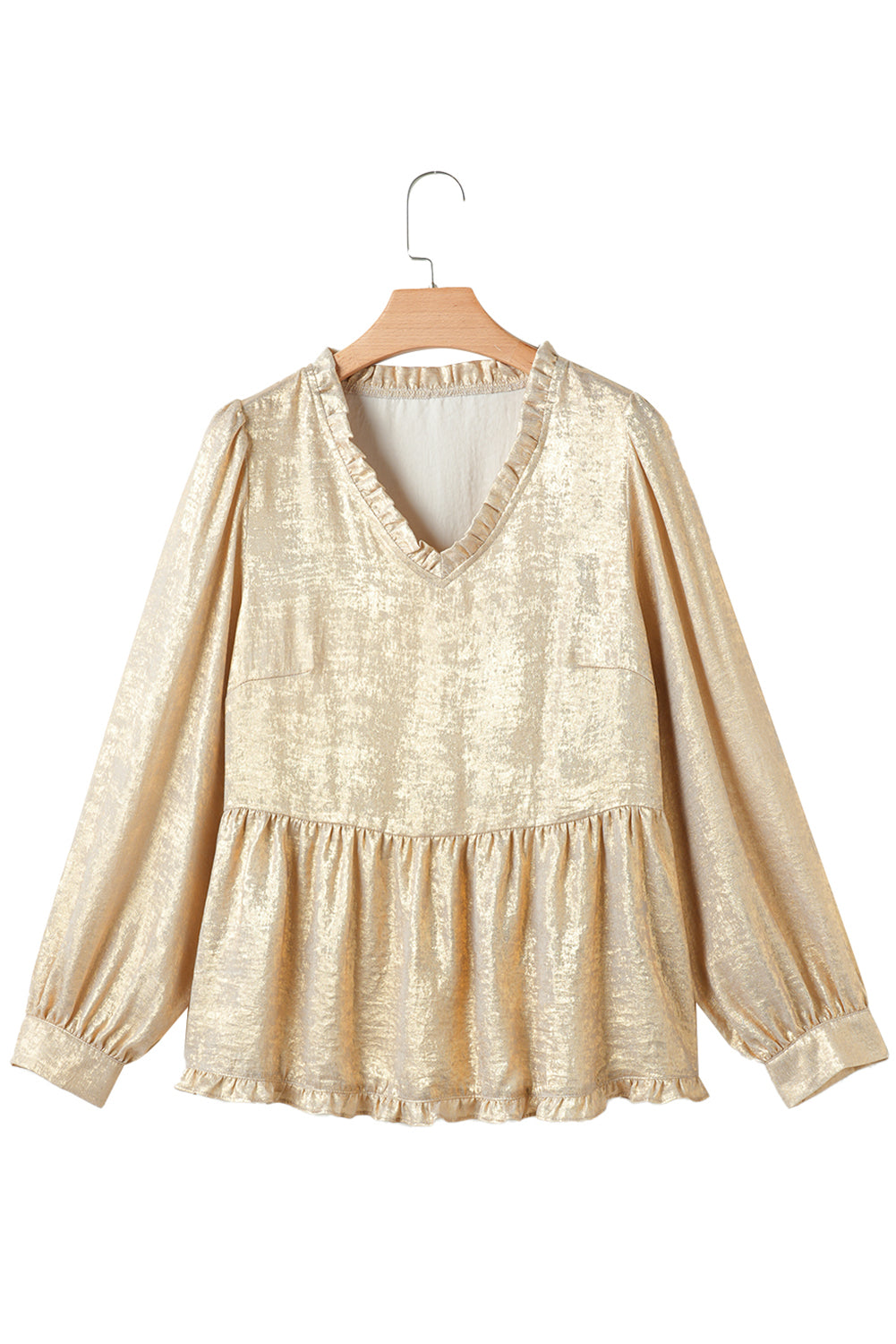 Gold Metallic Velvet Frill V Neck Puff Sleeve Babydoll Blouse - The Fair Lady Shop