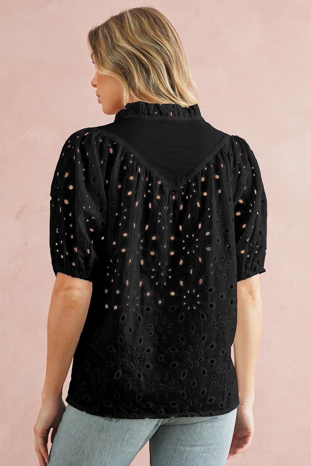 Bonbon Hollow-out Flower Embroidered Short Puff Sleeve Blouse - The Fair Lady Shop