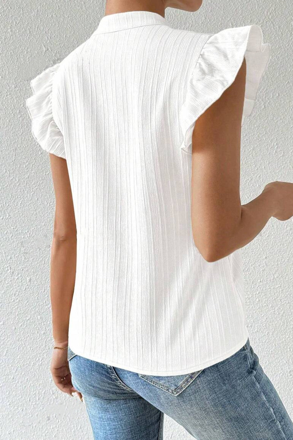 White Crochet Floral Notch V Neck Textured Blouse - The Fair Lady Shop