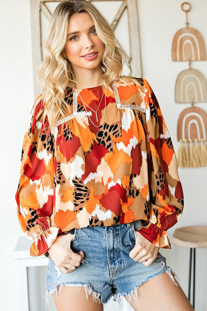 Multicolor Abstract Print Boho Ruffle Puff Sleeve Blouse - The Fair Lady Shop