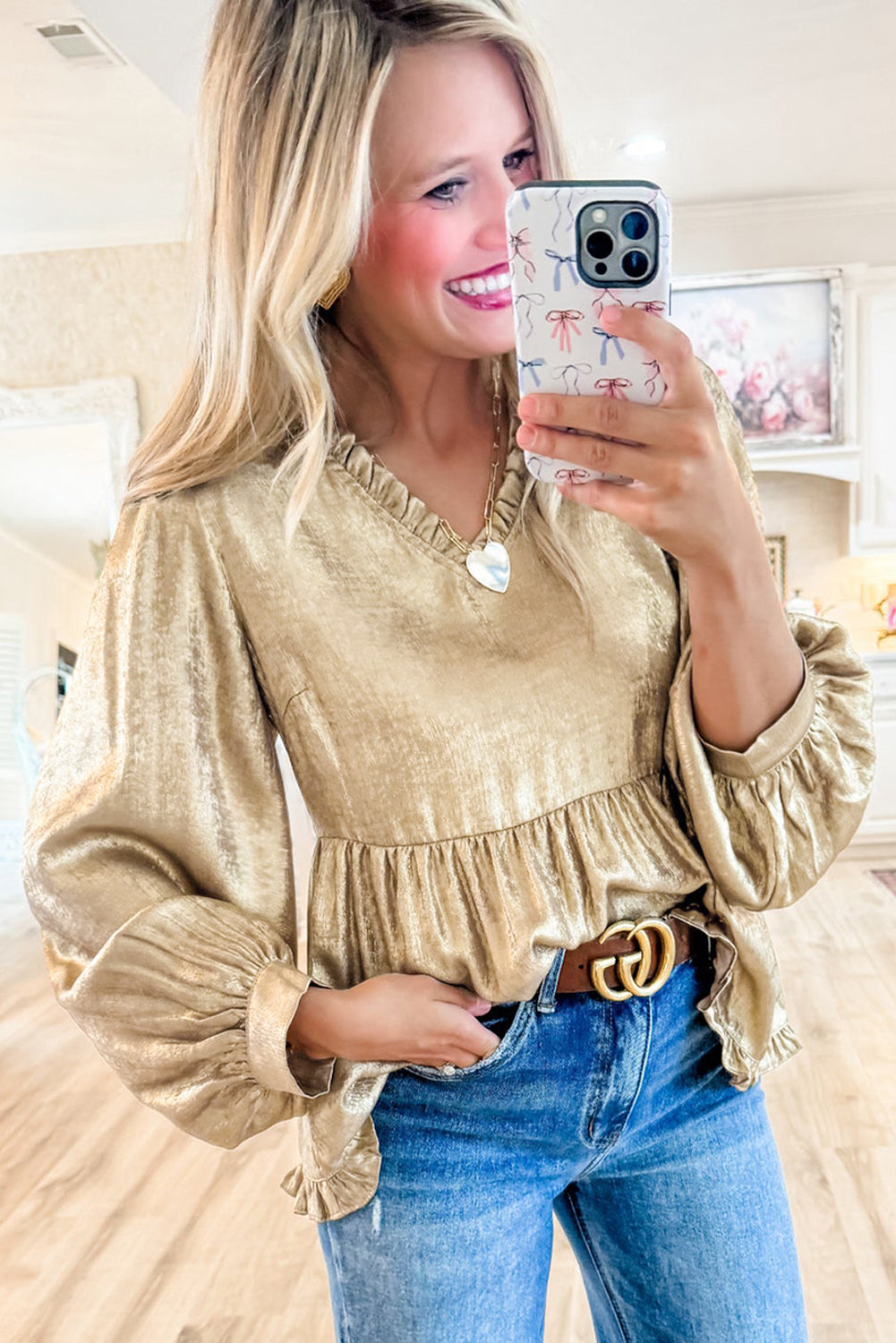 Gold Metallic Velvet Frill V Neck Puff Sleeve Babydoll Blouse - The Fair Lady Shop