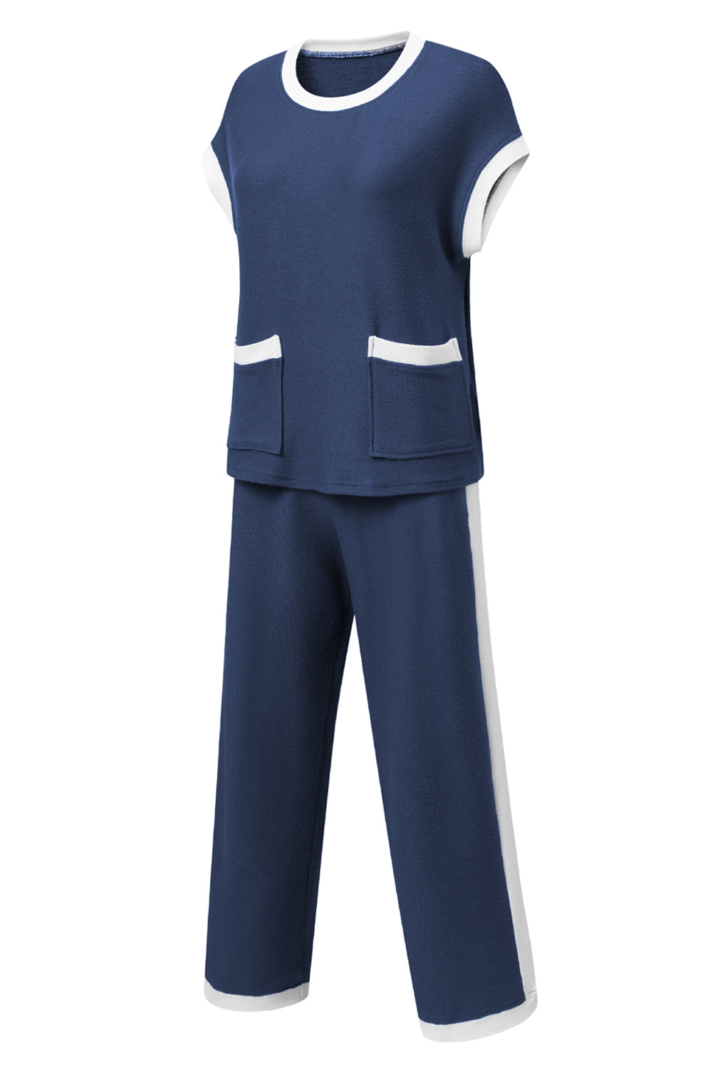 Navy Blue Contrast Trim Pocket T Shirt and Wide Leg Pants Set - The Fair Lady Shop