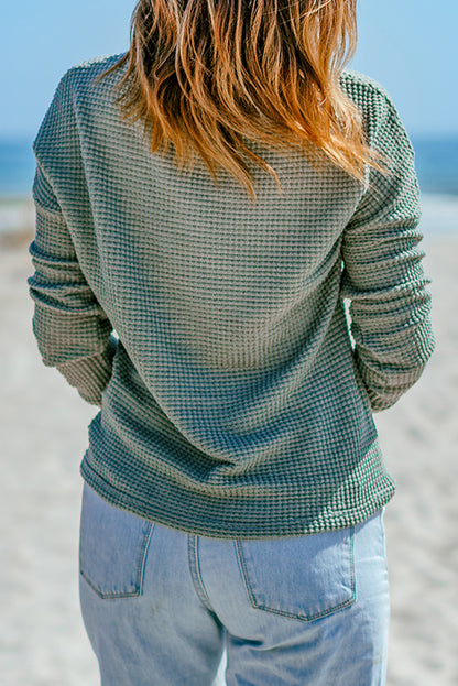 Green Waffle Knit Drop Shoulder Long Sleeve Top - The Fair Lady Shop