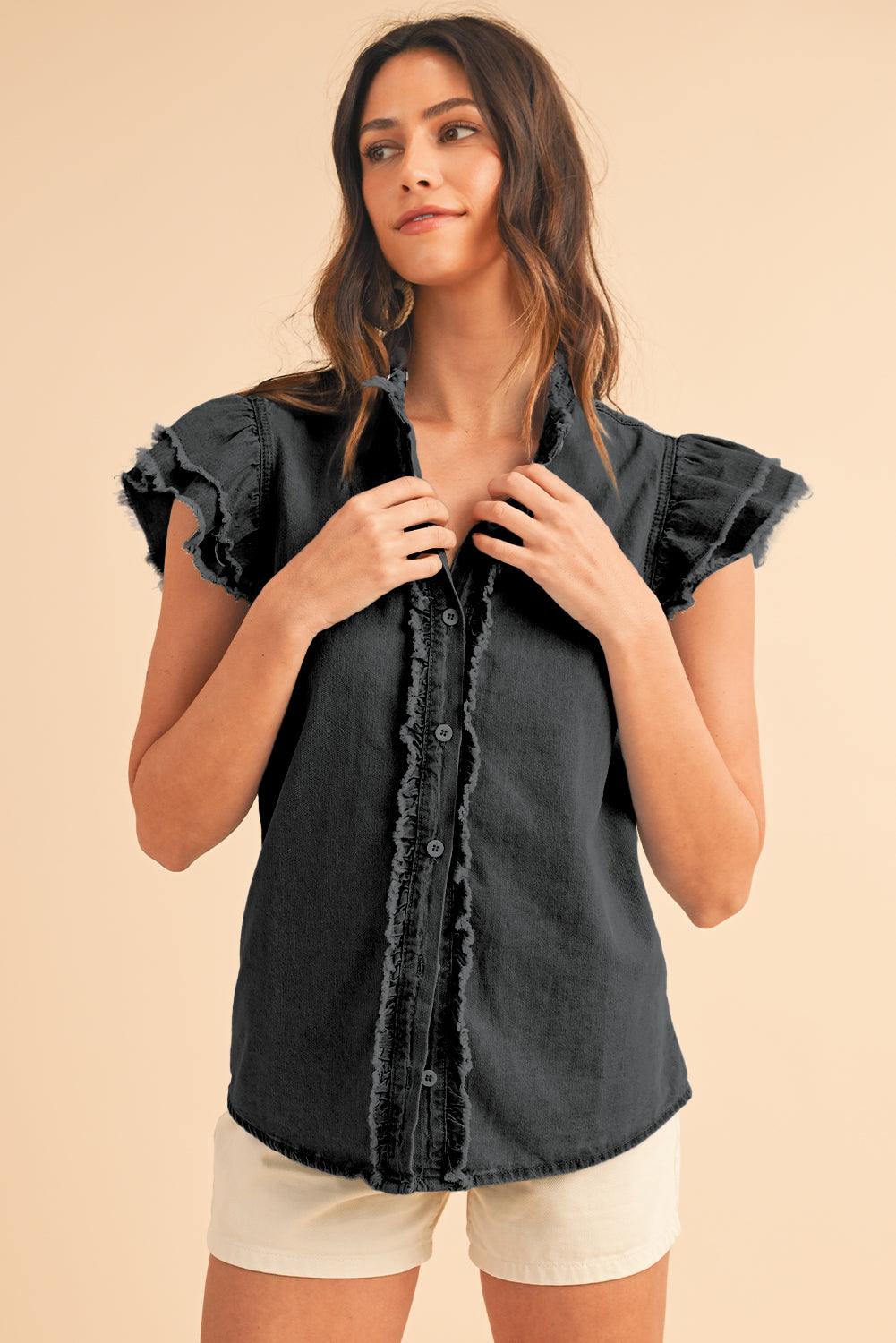 Ashleigh Blue Button Front Ruffled Flutter Frayed Denim Top - The Fair Lady Shop