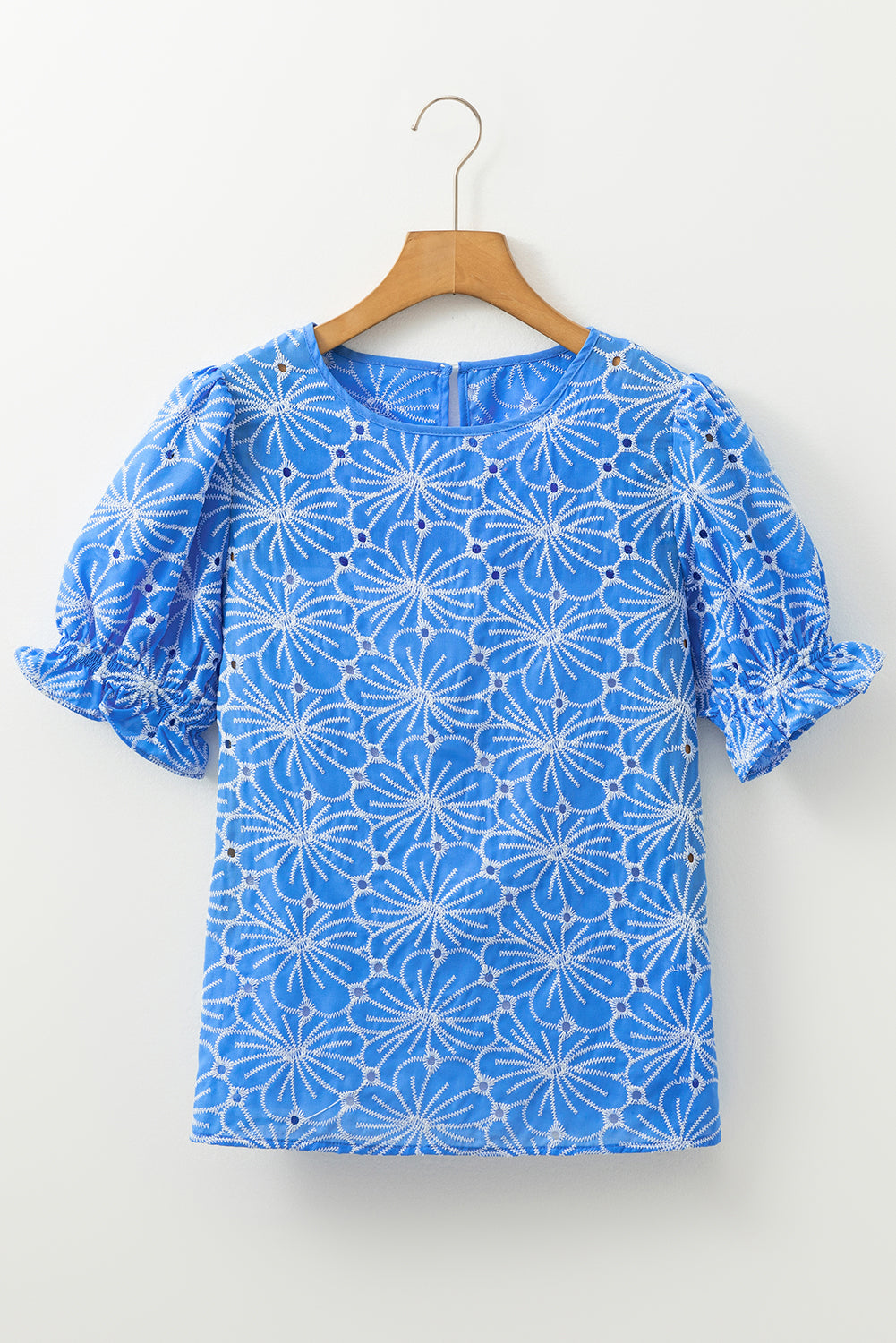 Sky Blue Boho Floral Eyelet Puff Sleeve Blouse - The Fair Lady Shop
