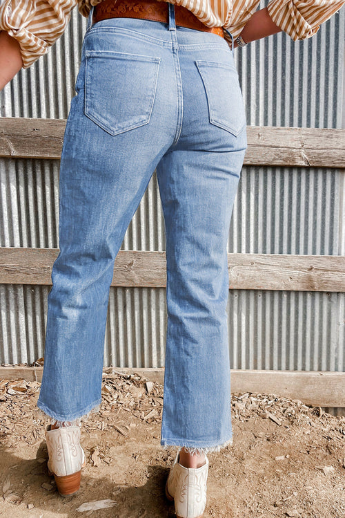 Beau Blue Mineral Wash Raw Hem High Waist Flared Jeans - The Fair Lady Shop