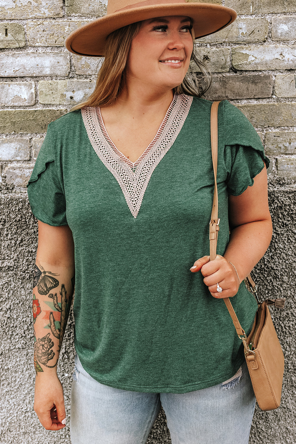 Blackish Green Plus Size Contrast V Neck Draped Sleeve Blouse - The Fair Lady Shop