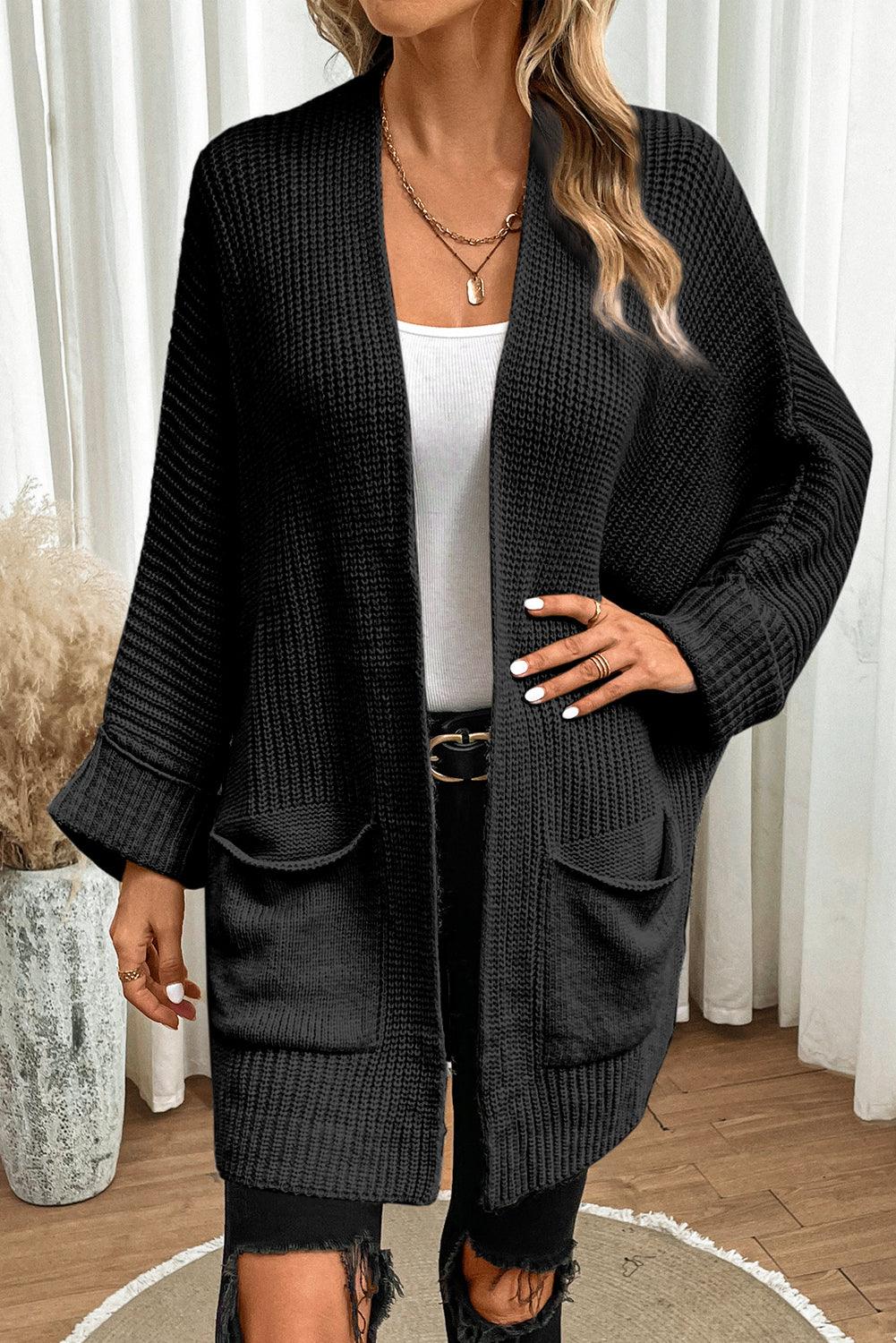 Black Batwing Sleeve Pocket Oversized Cable Knit Cardigan - The Fair Lady Shop